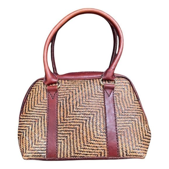 Vintage Leather Woven Wicker Brown Tan Purse Satchel Handbag - Picture 1 of 9
